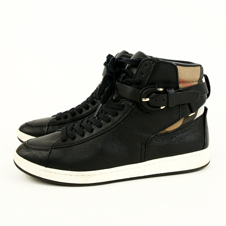 Burberry Black Leather 
House Check High Top Sneakers