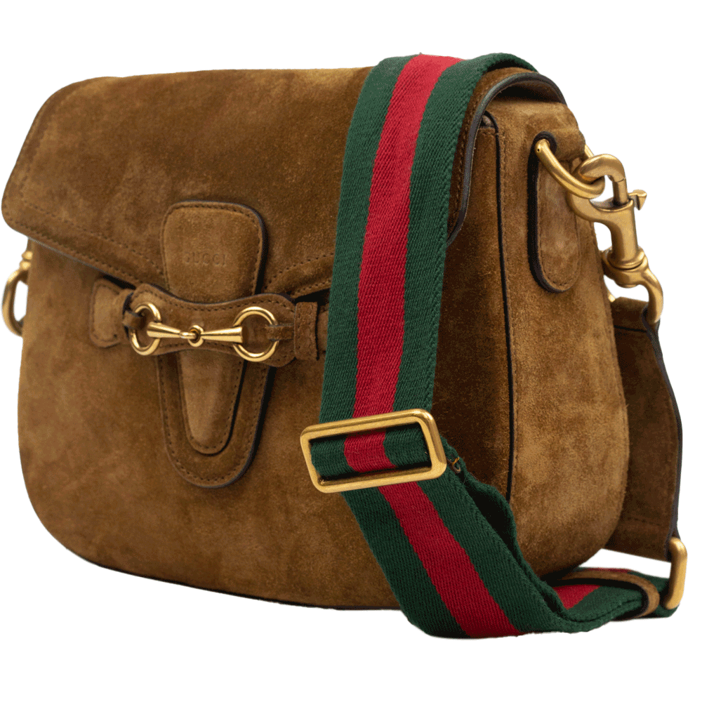 side view of Gucci Lady Web Brown Suede Crossbody Bag