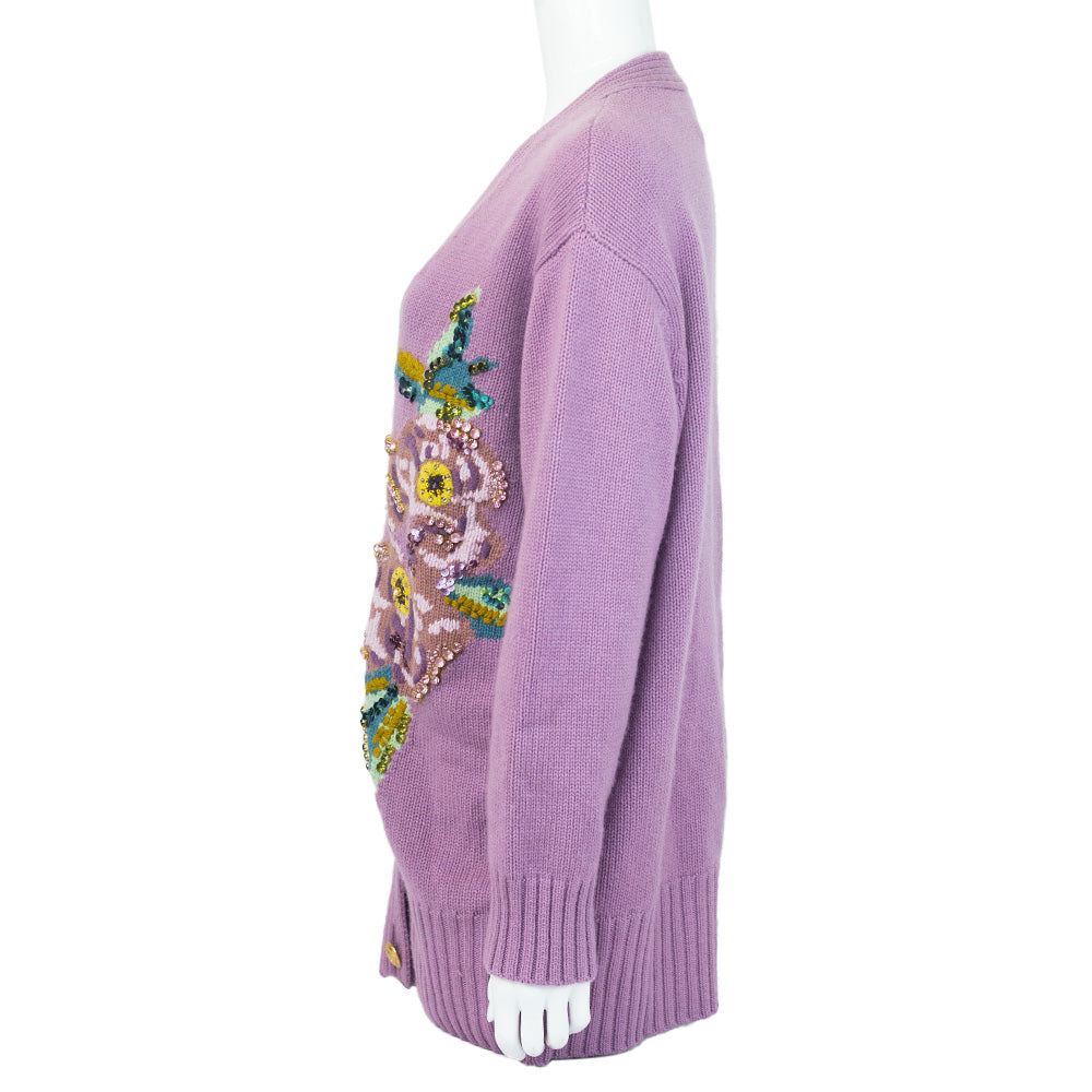 side view of Escada Lilac Wool 
Cashmere Embroidered Cardigan