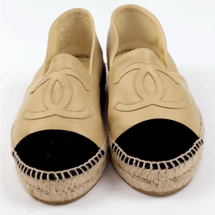 front view of Chanel Beige Leather CC Espadrille Flats