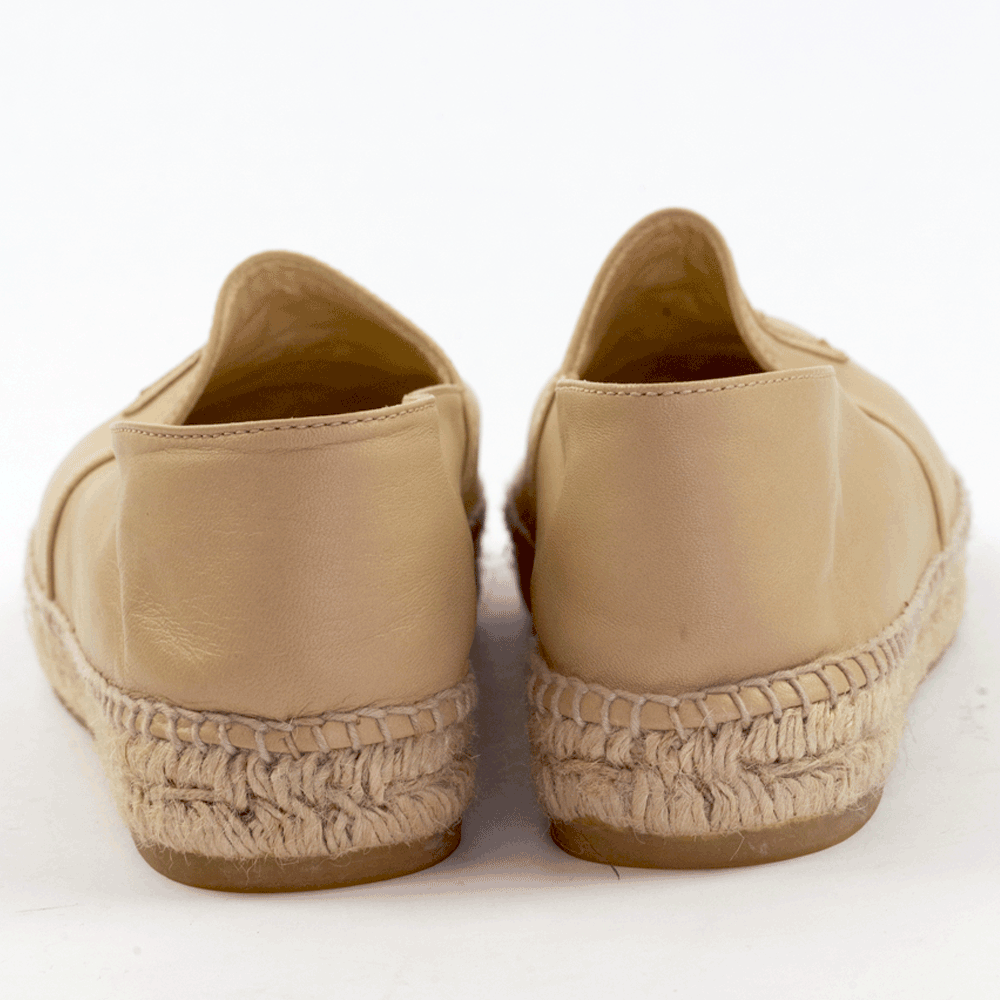 heel view of Chanel Beige Leather CC Espadrille Flats