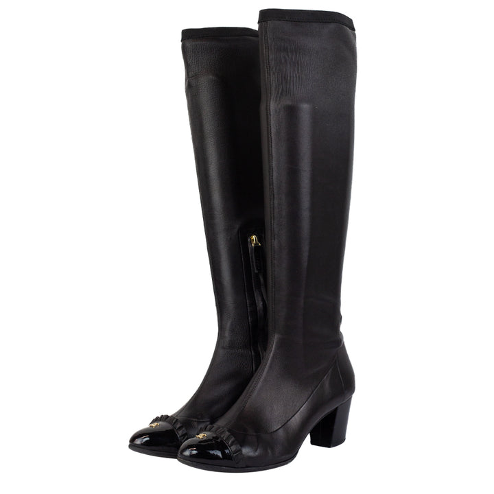 Chanel Black Ruffled CC Cap Toe Tall Boots