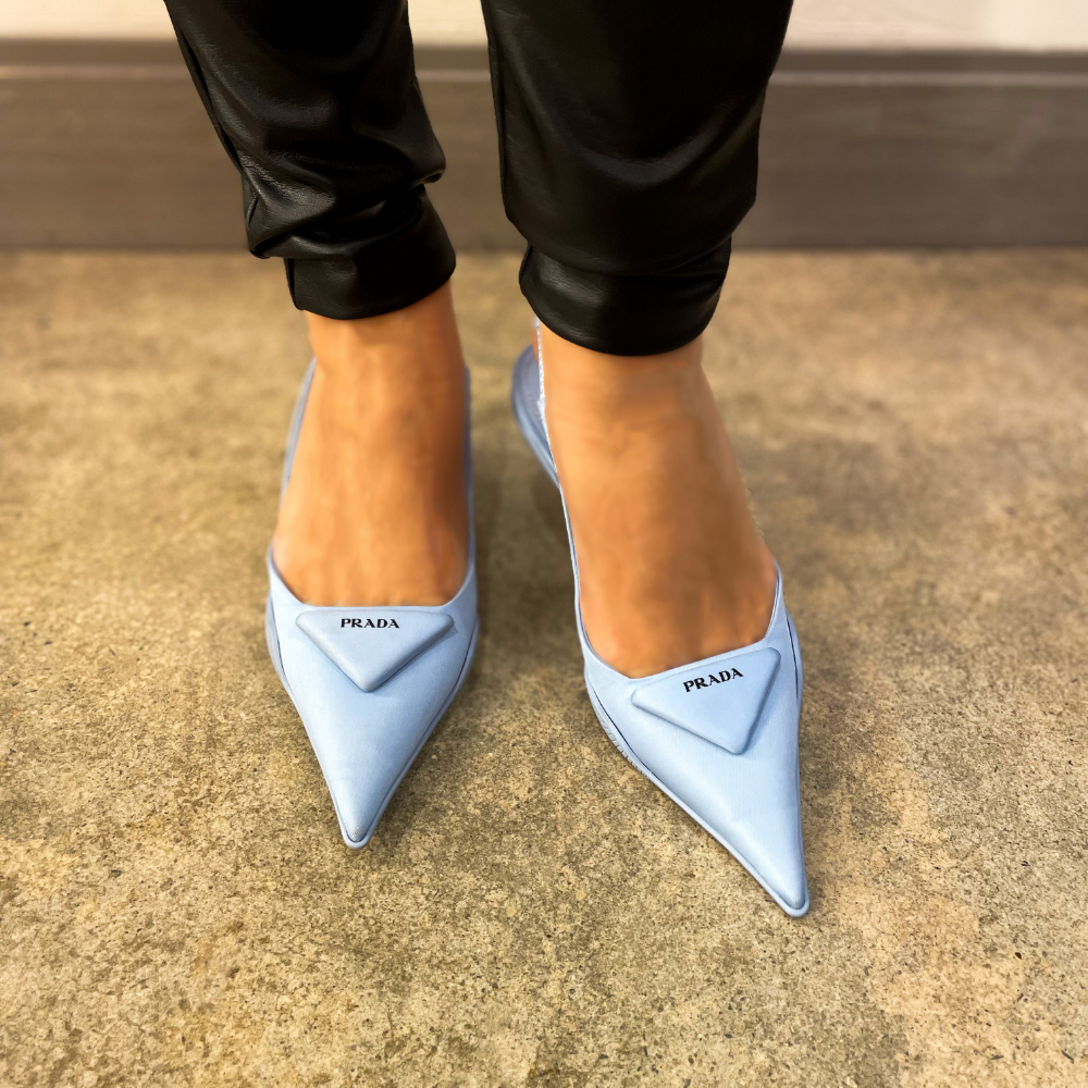 Prada Baby Blue Nylon Triangle Logo Slingback Pumps