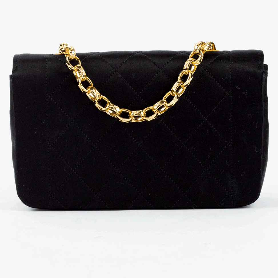 back view of Chanel Vintage Black Satin Flap Crossbody Bag