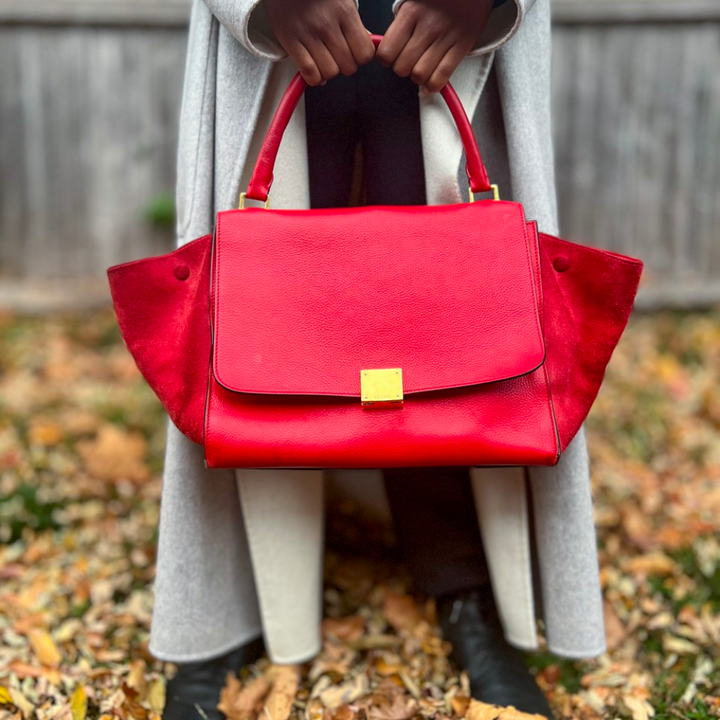 Celine Red Leather 
Suede Medium Trapeze Tote