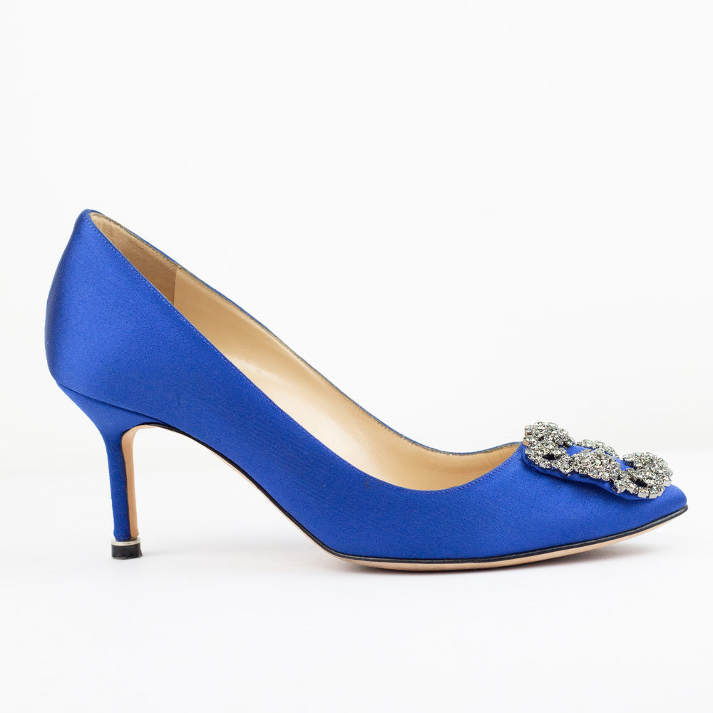 side view of Manolo Blahnik Hangisi Jeweled Blue Satin Pumps