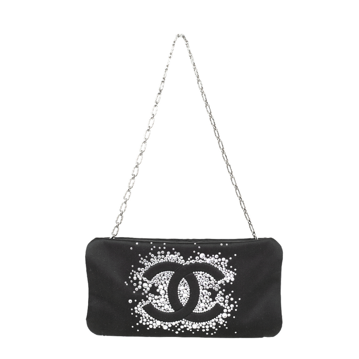 front view of Chanel Black Satin Strass Clutch