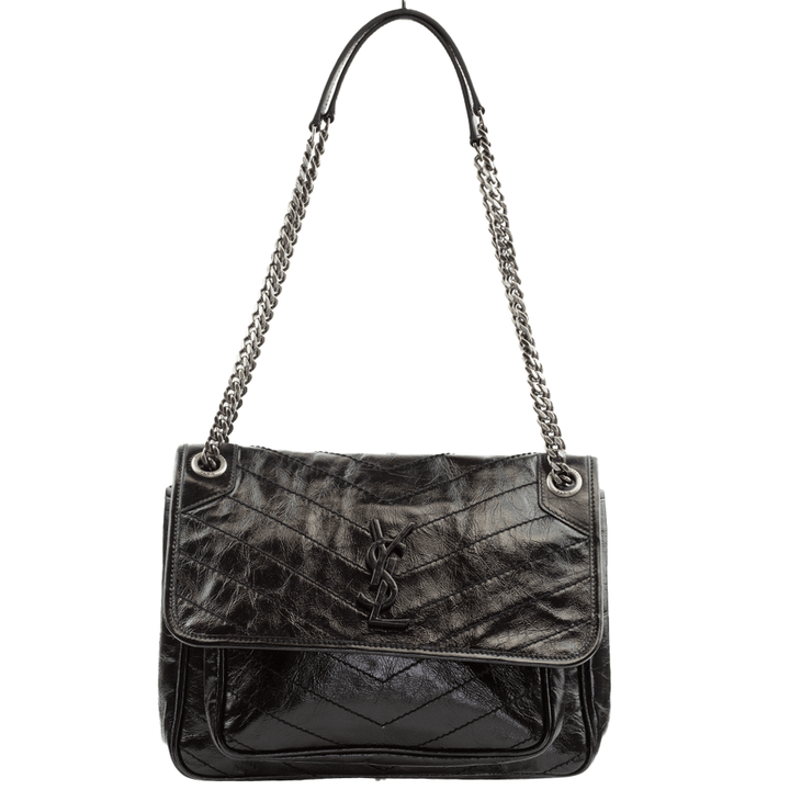 front view of Saint Laurent Niki Medium in Crinkled Vintage Black Leather