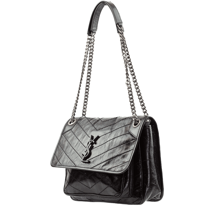 side view of Saint Laurent Niki Medium in Crinkled Vintage Black Leather