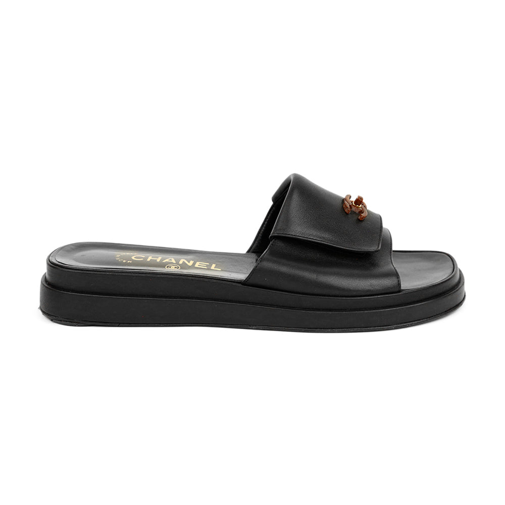 Chanel Black Leather CC Slides