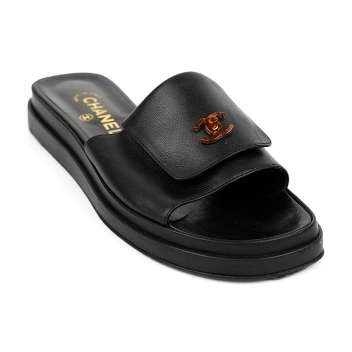 Chanel Black Leather CC Slides