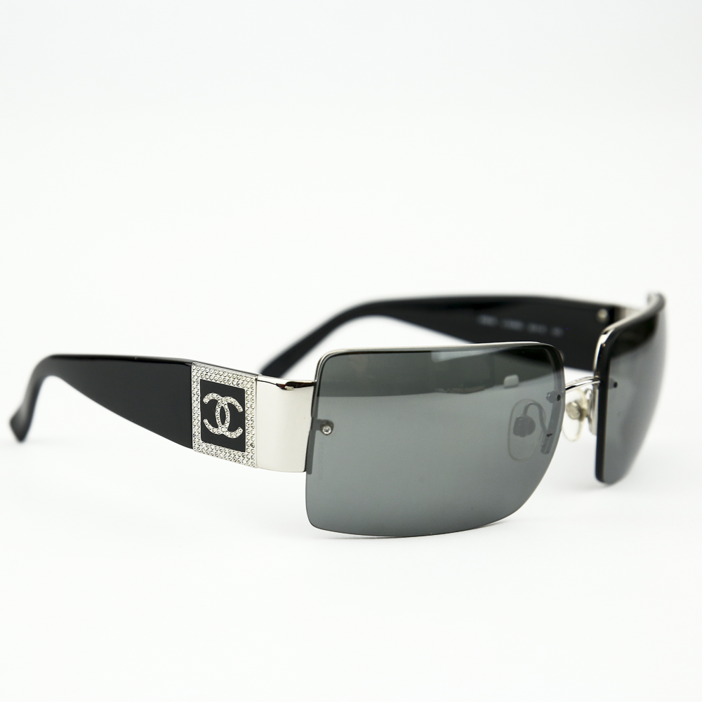 side view of Chanel Rimless Square Frame Crystal CC Sunglasses