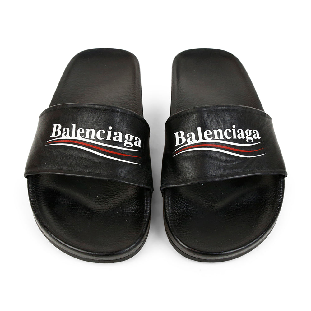 Balenciaga Black Leather Logo Slide Sandals