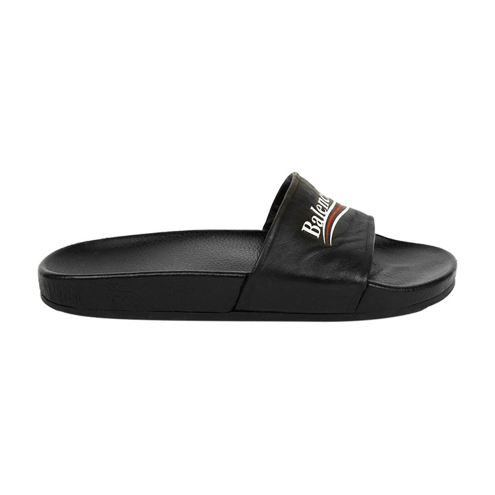 Balenciaga Black Leather Logo Slide Sandals