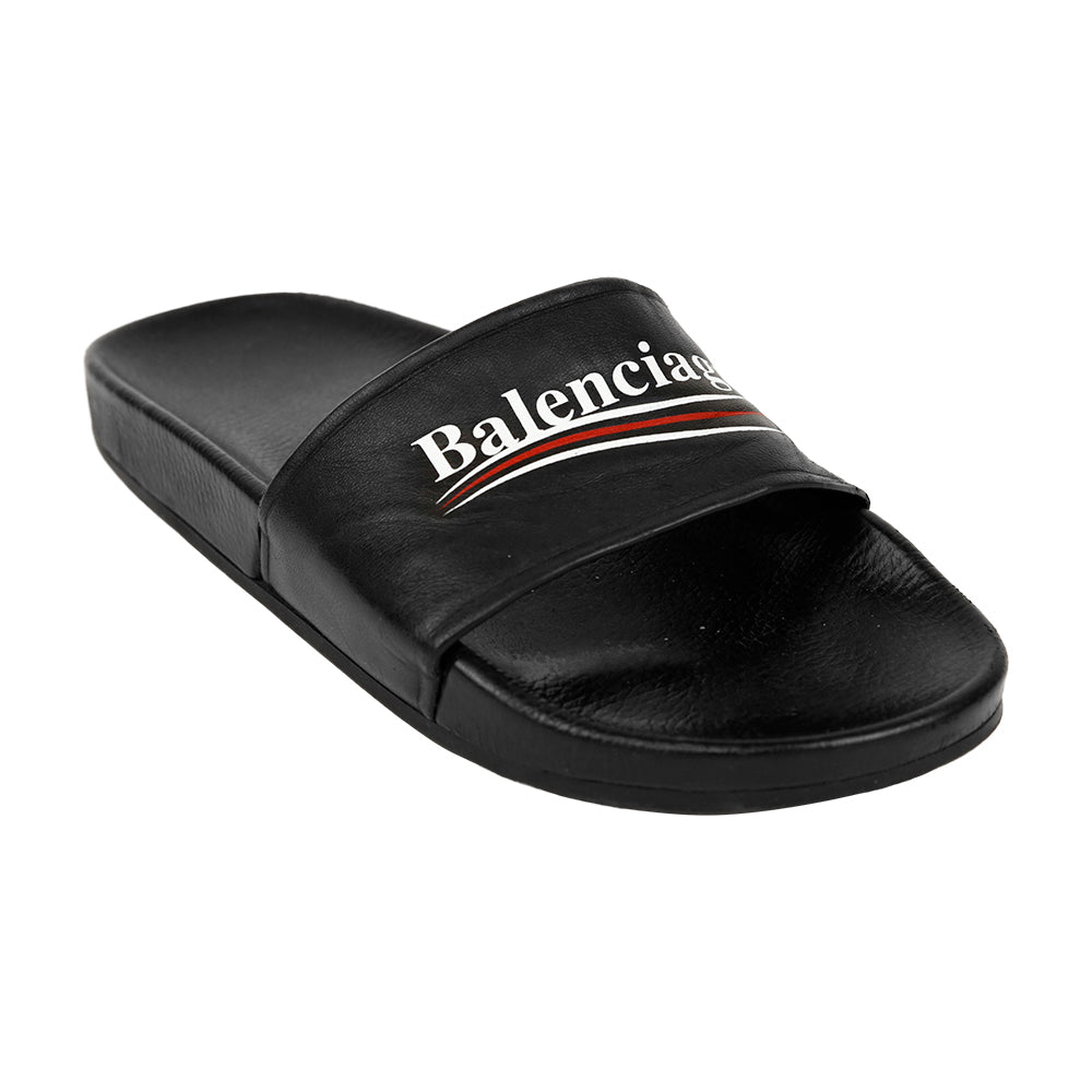 Balenciaga Black Leather Logo Slide Sandals