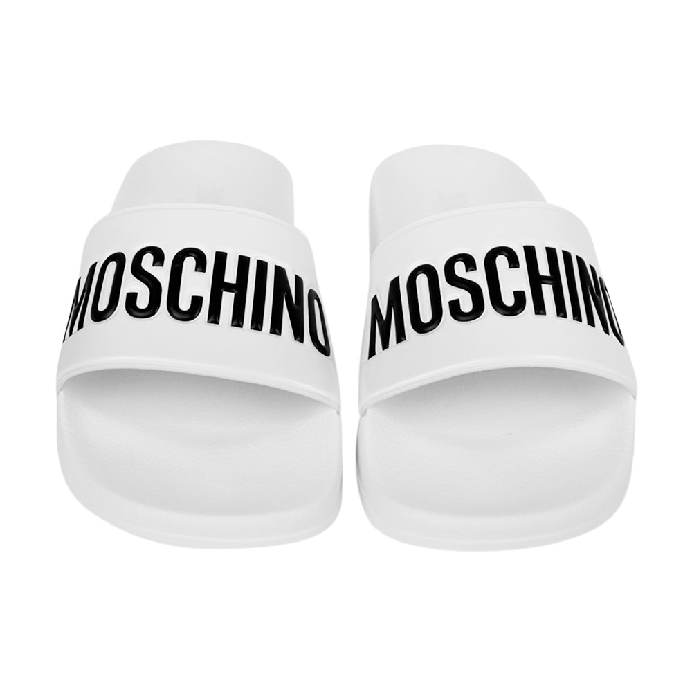 Moschino White Rubber Logo Slide Sandals