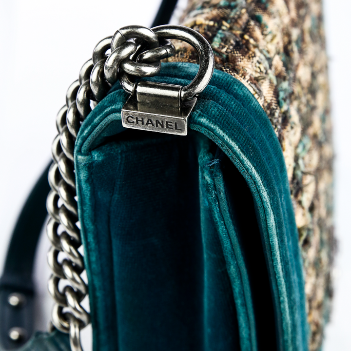 Chanel Emerald Green Velvet 
Tweed Large (2013-
14) Boy Bag