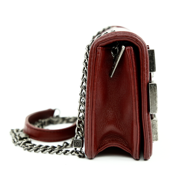 side view of Chanel Burgundy Boy Brick Flap Bag