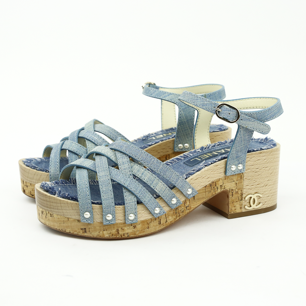 side view of Chanel Denim Clog Platform Sandals