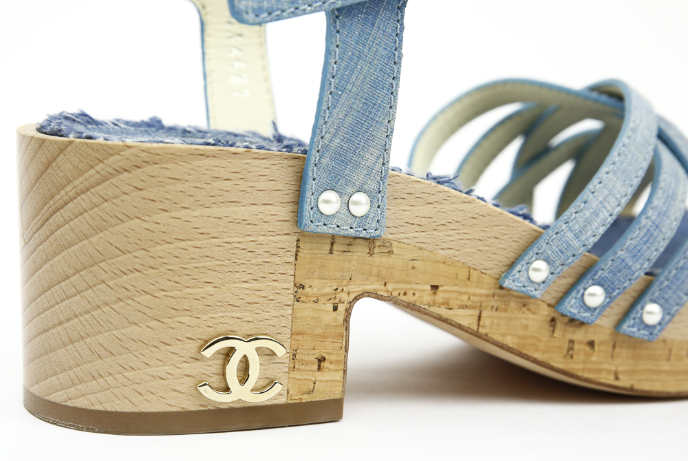 CC logo view of Chanel Denim Clog Platform Sandals