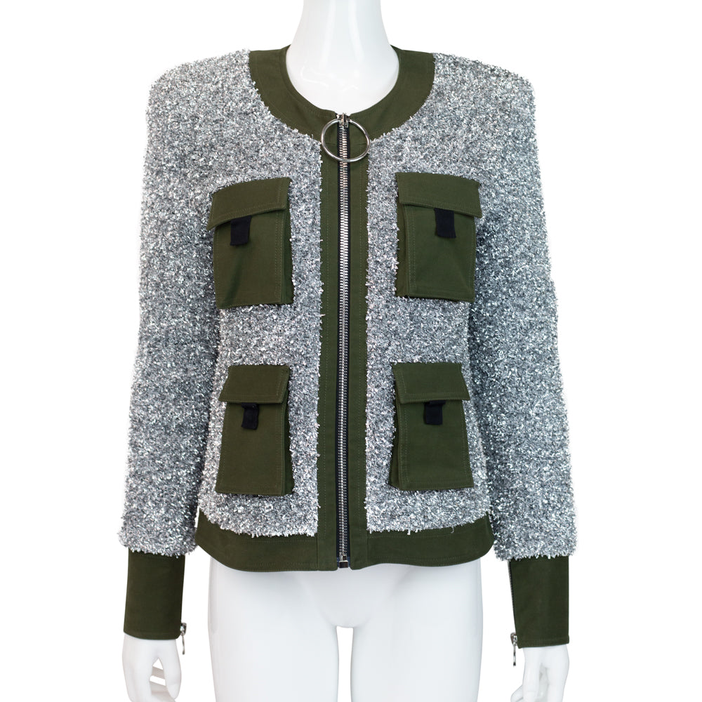 Balmain Silver 
Khaki Zipped Tweed Jacket