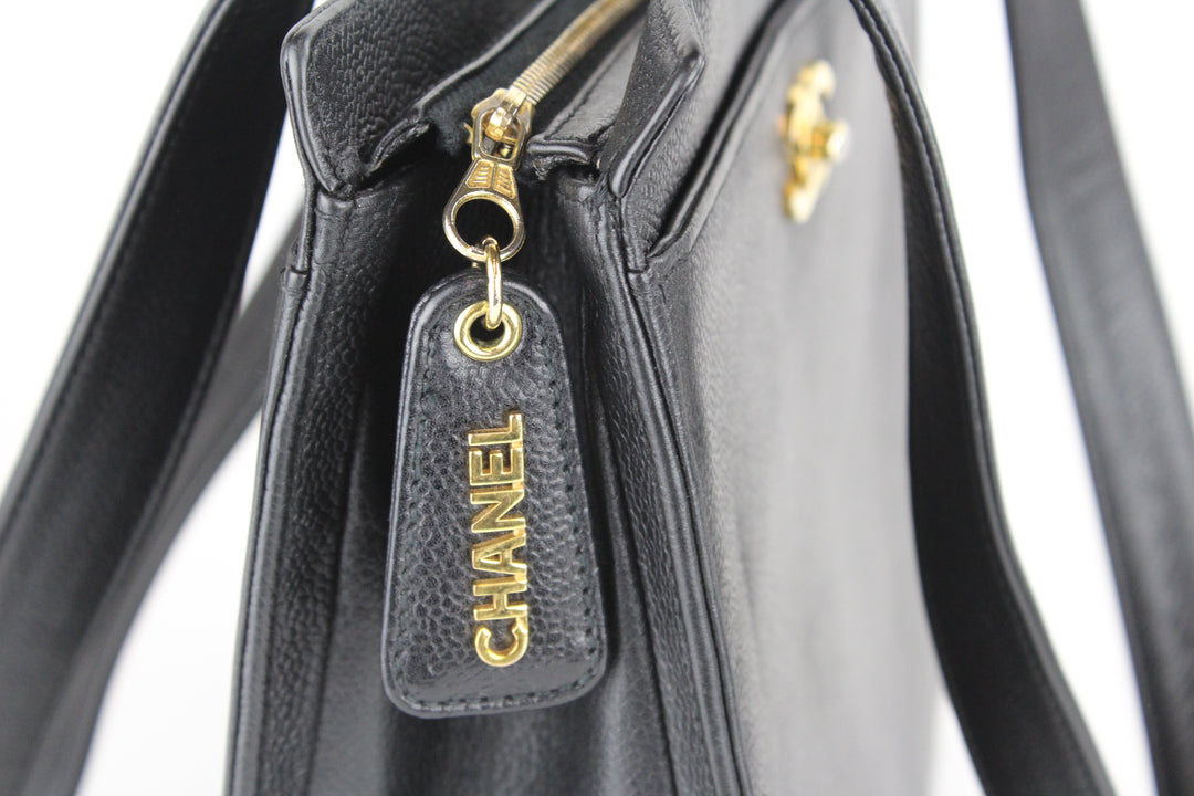 Zipper View of Chanel Vintage Black Caviar Leather Tote Bag 97
-99
