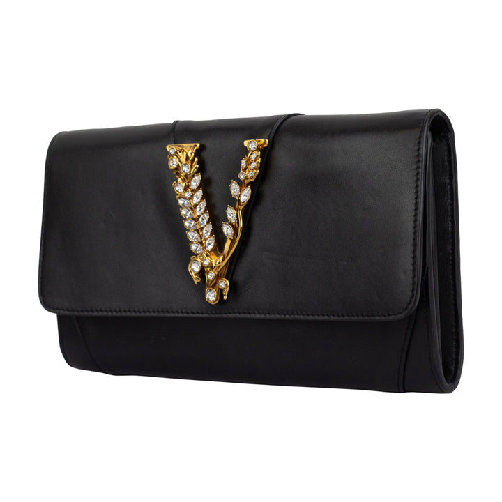 Versace Virtus Black Leather Crystal Clutch