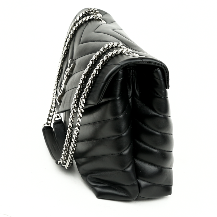 side view of Saint Laurent LouLou Medium Bag in Black Matelassé Y Leather