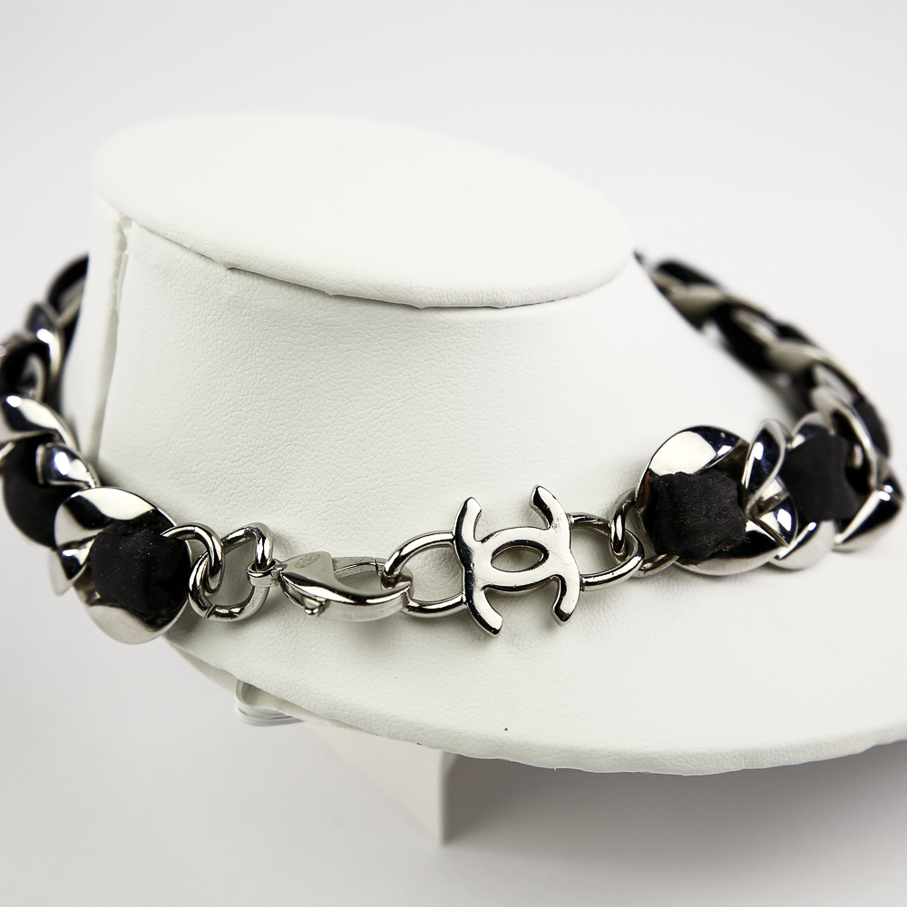 CC view of Chanel Curb Chain Silver 
Peau De Soie Choker Necklace