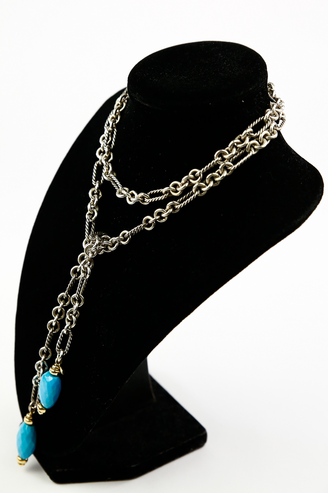 Side view of David Yurman Sterling Silver, Turquoise 
18K Lariat Necklace