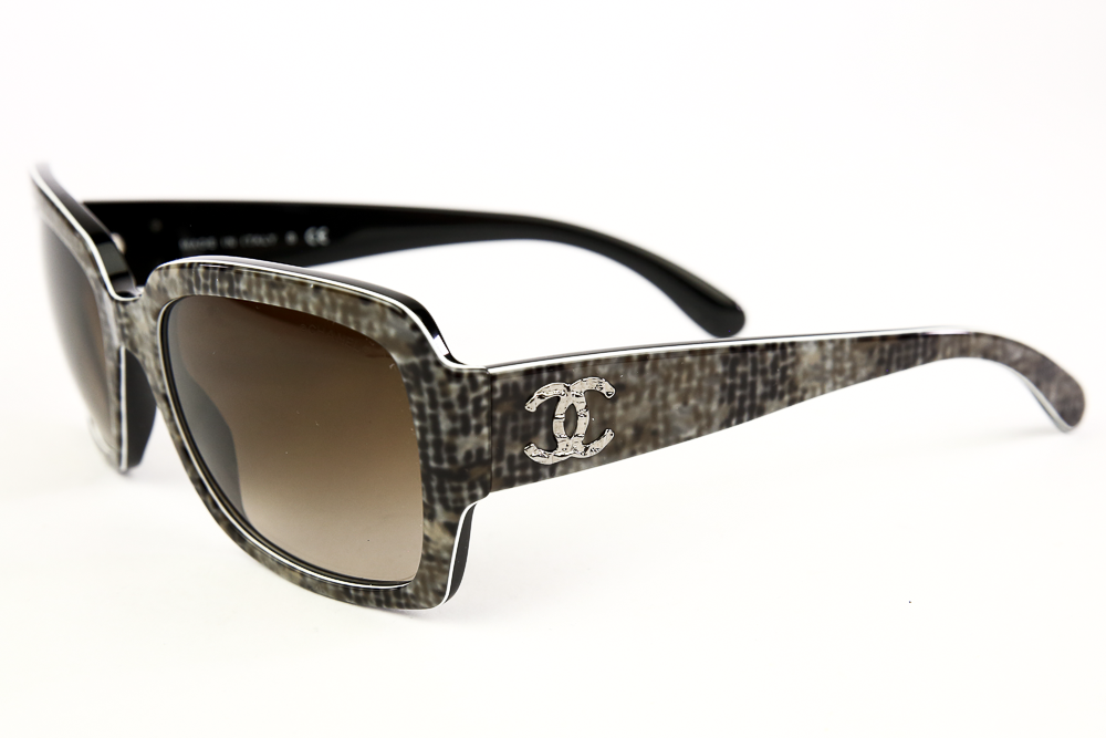 Side view of Chanel Gray Square Tweed Print Sunglasses