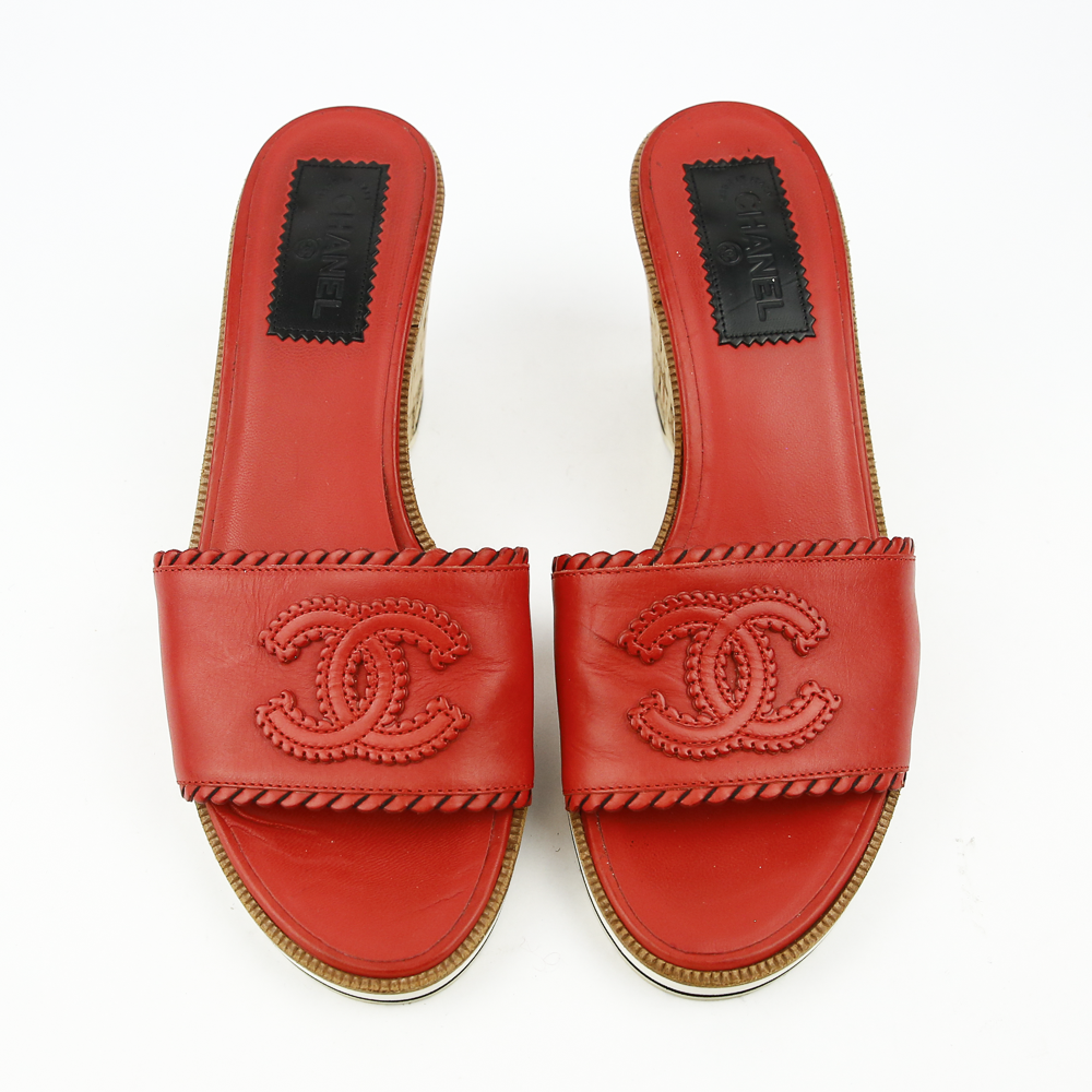 top view of Chanel Red Leather CC Cork Wedge Slides