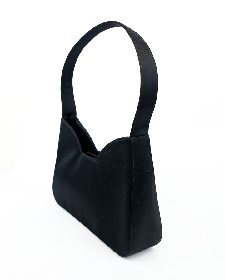 side view of Prada Black Satin Vintage Top Handle Bag