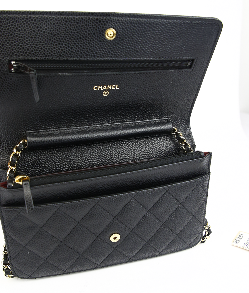 interior view of Chanel Black Quilted Caviar Leather Wallet on Chain