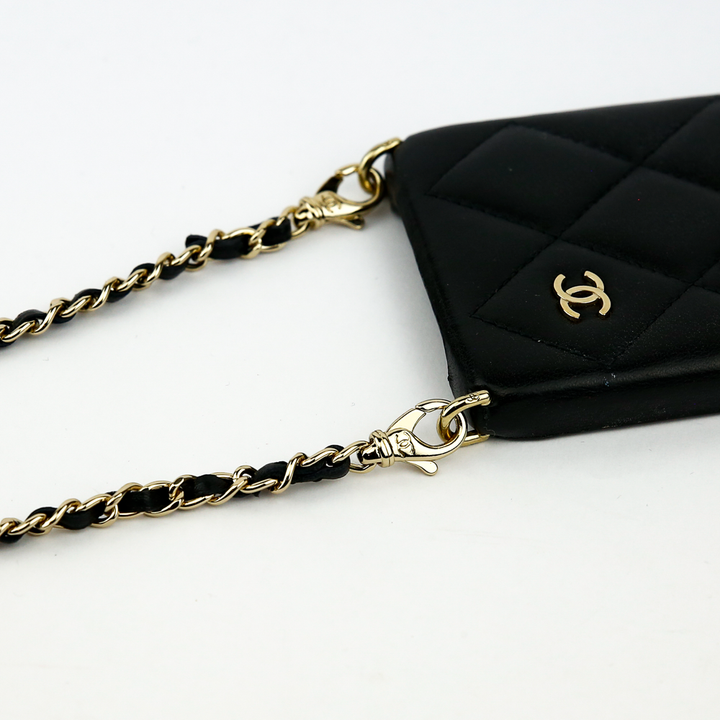 Chanel Black Quilted Lambskin Leather iPhone Holder With Chain