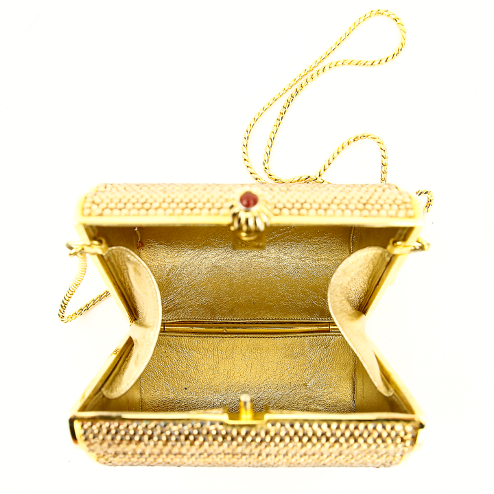 Interior view of Judith Leiber Minaudiere Gold Box Clutch