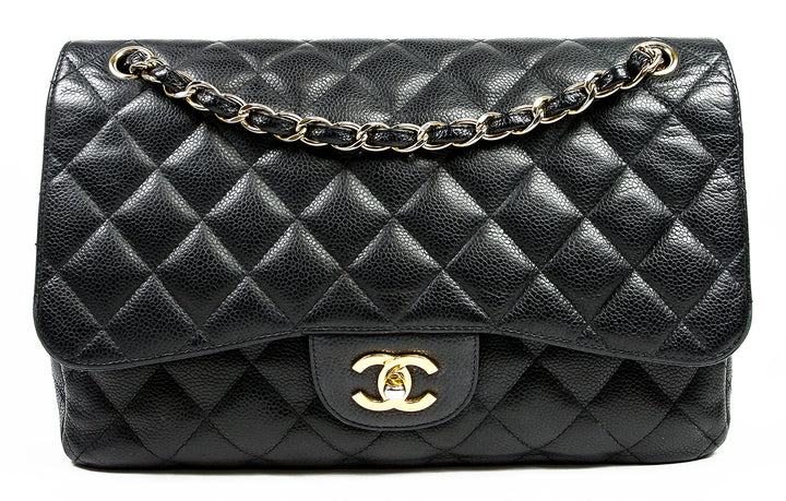 Chanel Black Quilted Caviar Leather Jumbo Double Flap Shoulder Bag