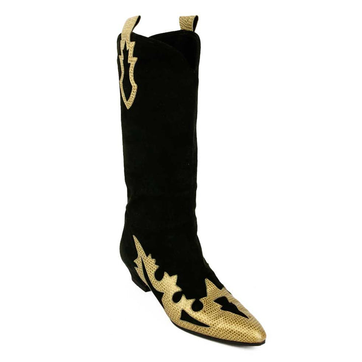 side view of Escada Black Suede 
Gold Snake Trim Boots