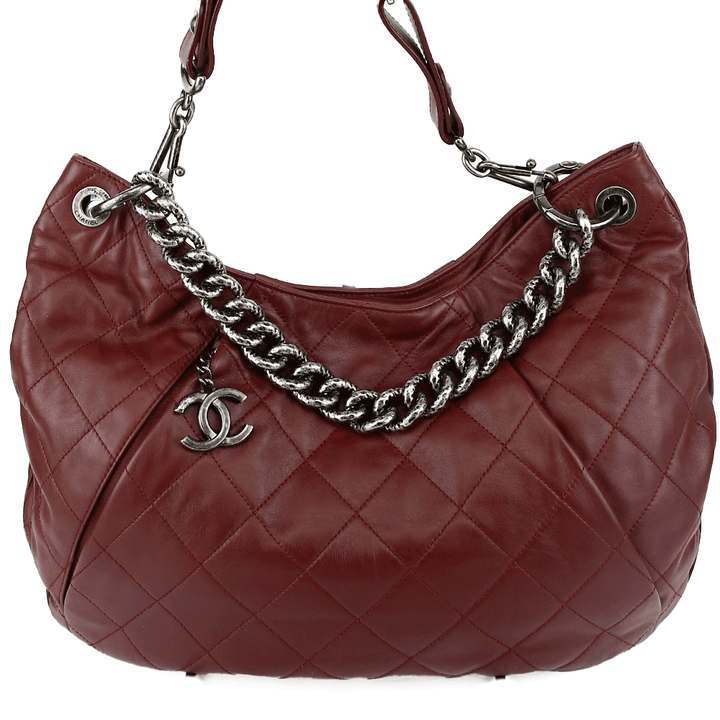 front view of Chanel Coco Pleats Burgundy Leather Hobo Bag