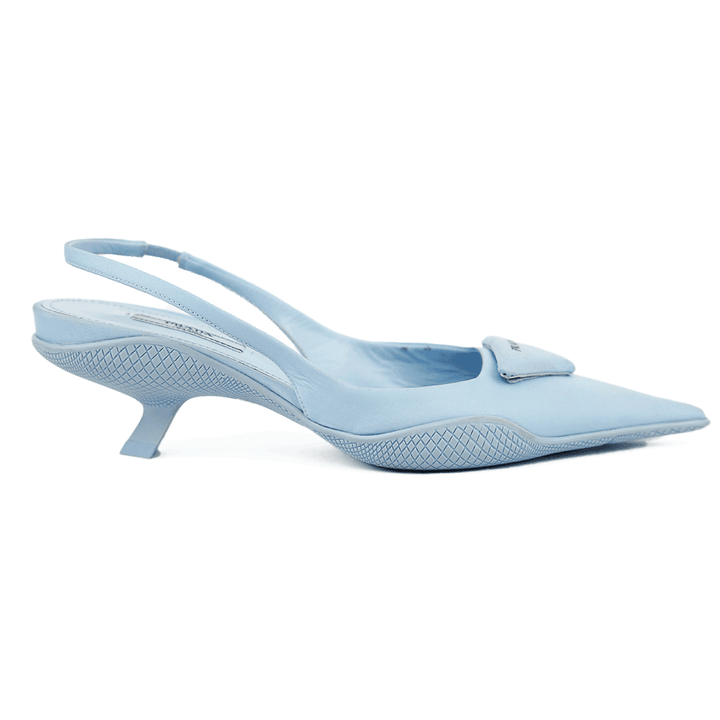 side view of Prada Baby Blue Nylon Triangle Logo Slingback Pumps