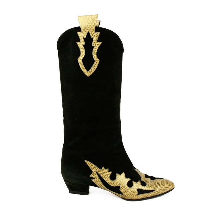 side view of Escada Black Suede 
Gold Snake Trim Boots