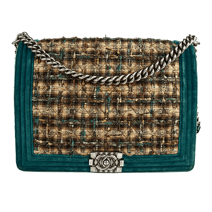 Front view of Chanel Emerald Green Velvet 
Tweed Large (2013-
14) Boy Bag