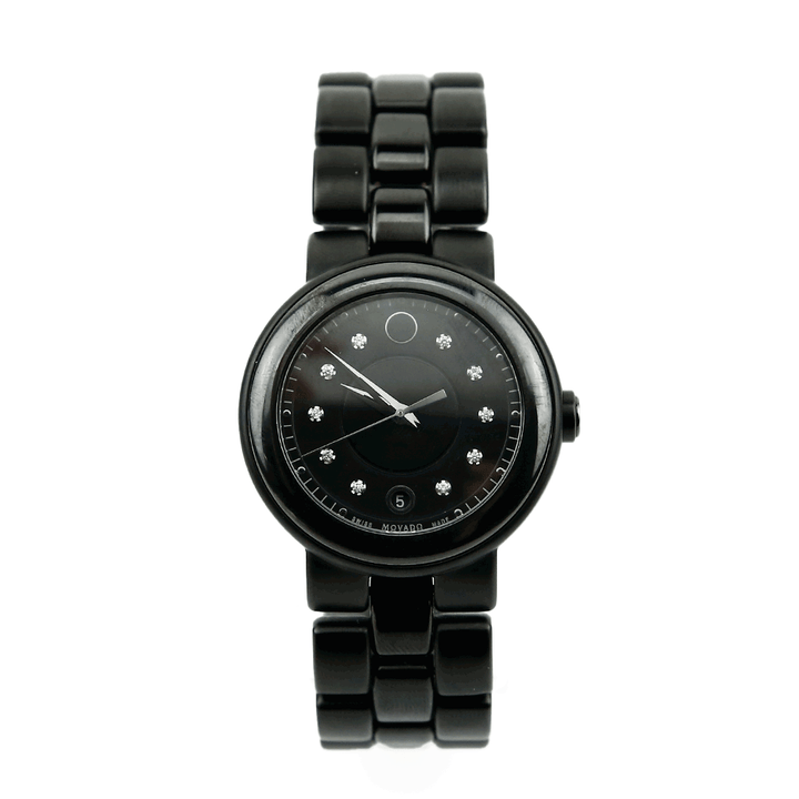 front veiw of Movado Cerena Black Ceramic Diamond Chip Watch