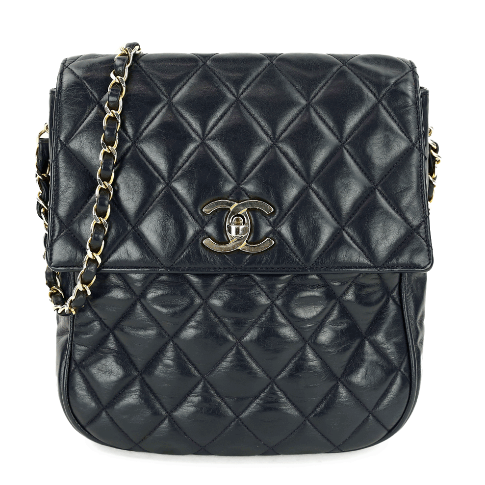 front view of Chanel Vintage Navy Quilted Lambskin Crossbody Bag