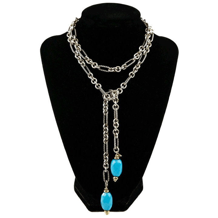 Front view of David Yurman Sterling Silver, Turquoise 
18K Lariat Necklace