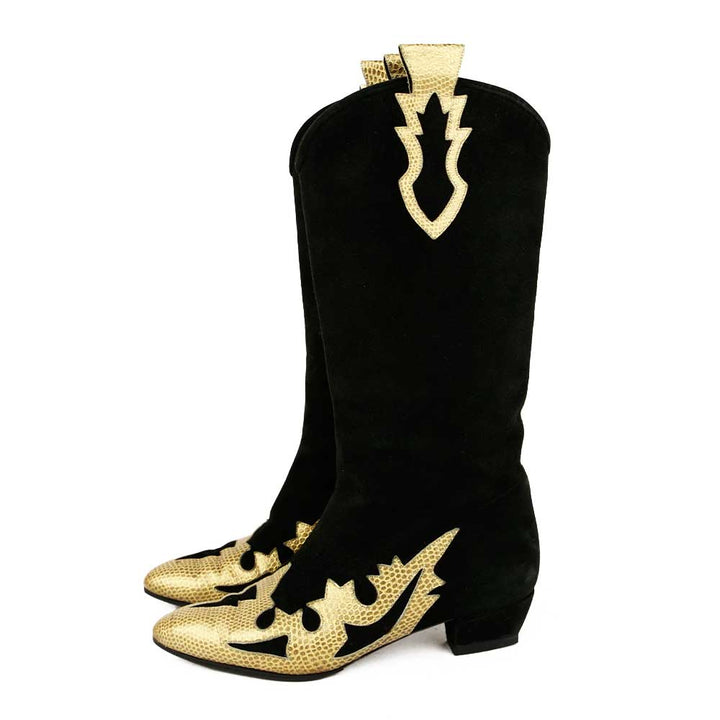 side view of Escada Black Suede 
Gold Snake Trim Boots