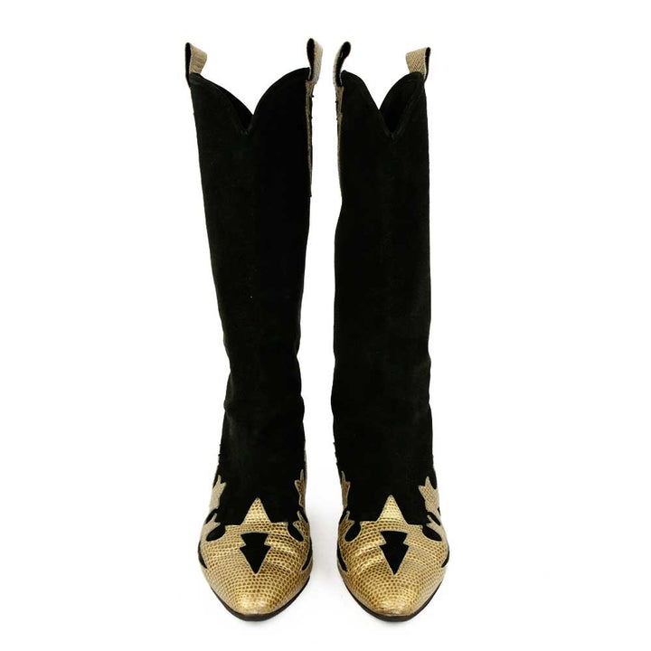 front view of Escada Black Suede 
Gold Snake Trim Boots