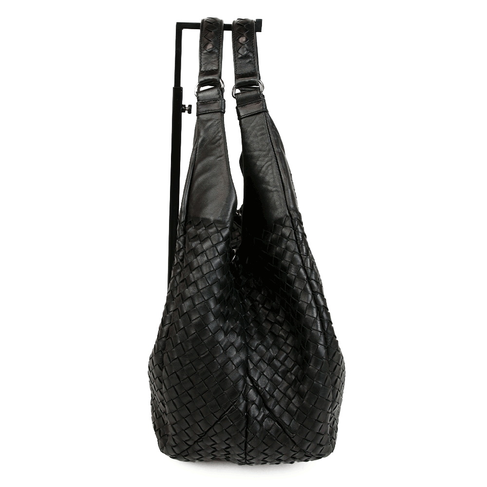 sid eview of Bottega Veneta Black Nappa Intrecciato Large Campana Hobo Bag