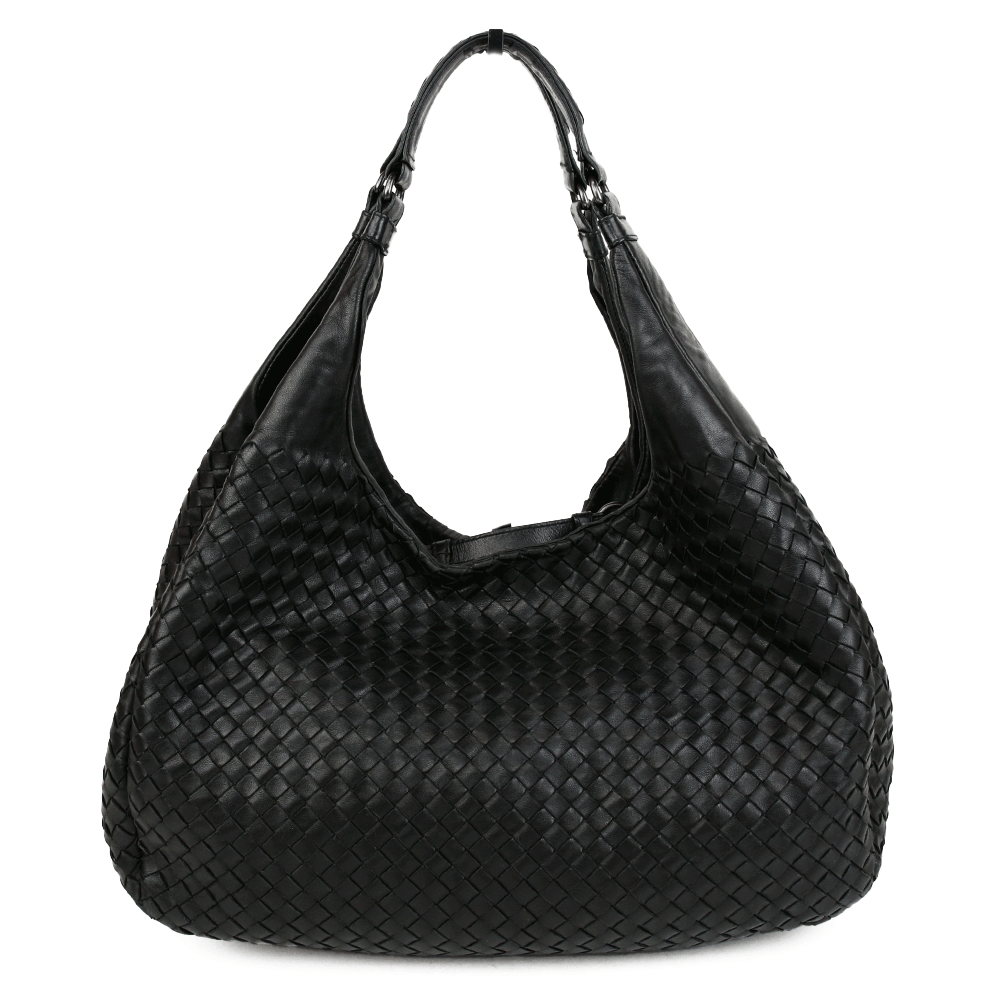 front view of Bottega Veneta Black Nappa Intrecciato Large Campana Hobo Bag