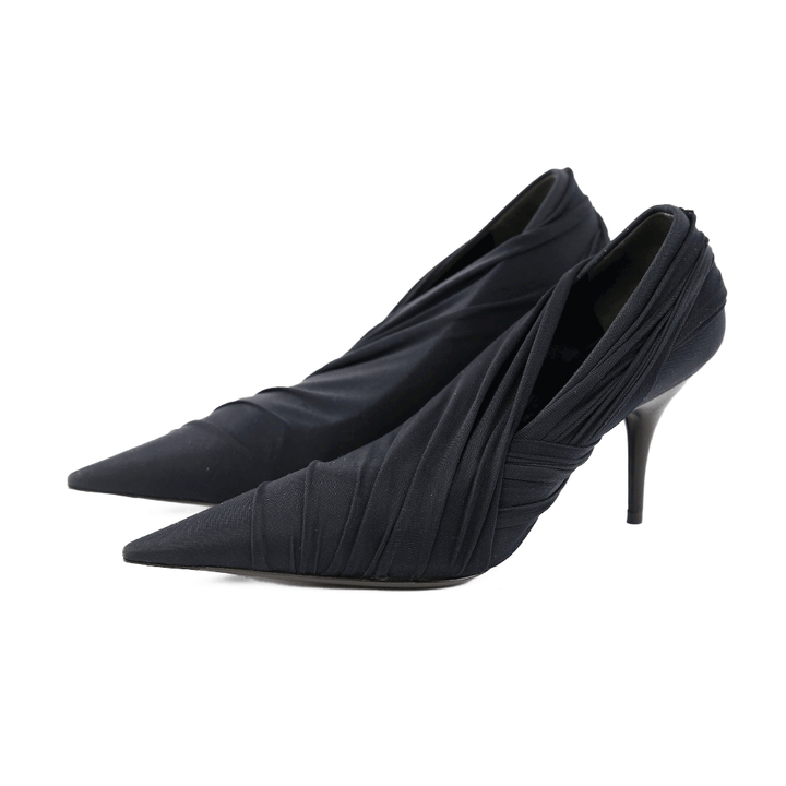 side view of Balenciaga Black Stretch Draped Point Toe Pumps